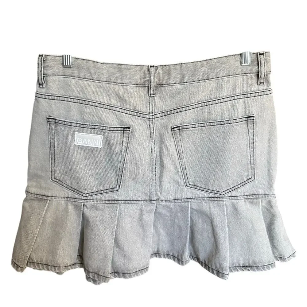 Ganni Future Denim Pleated Mini Skirt Gray Wash EU Size 40 / US Size 8